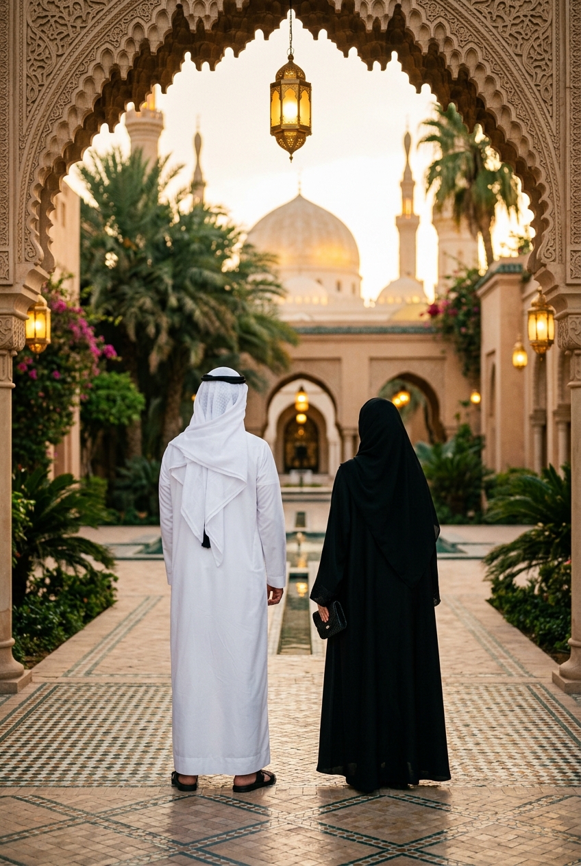 An Arab Muslim couple in traditional dress, seen respectfully from behind in an Islamic courtyard at sunset